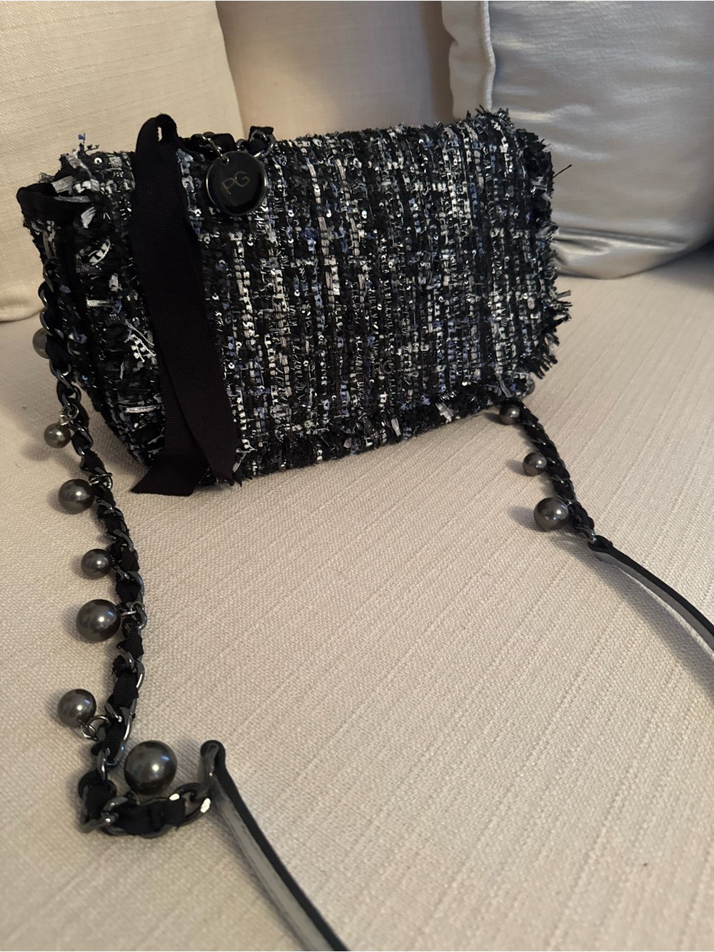 Black and White Tweed Crossbody Bag with Chain and Pearl Accents